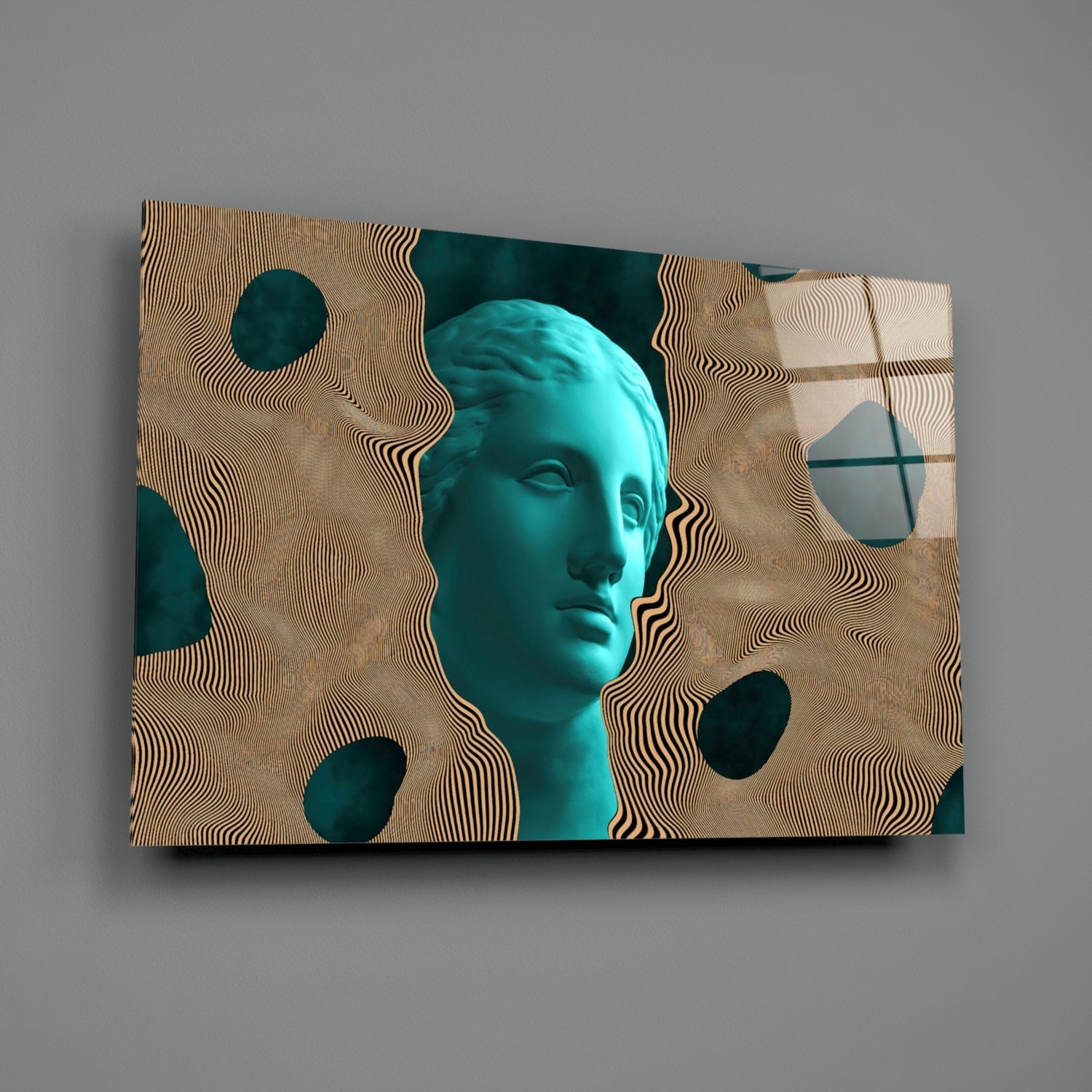 Teal Face Tan Waves Glass Wall Art
