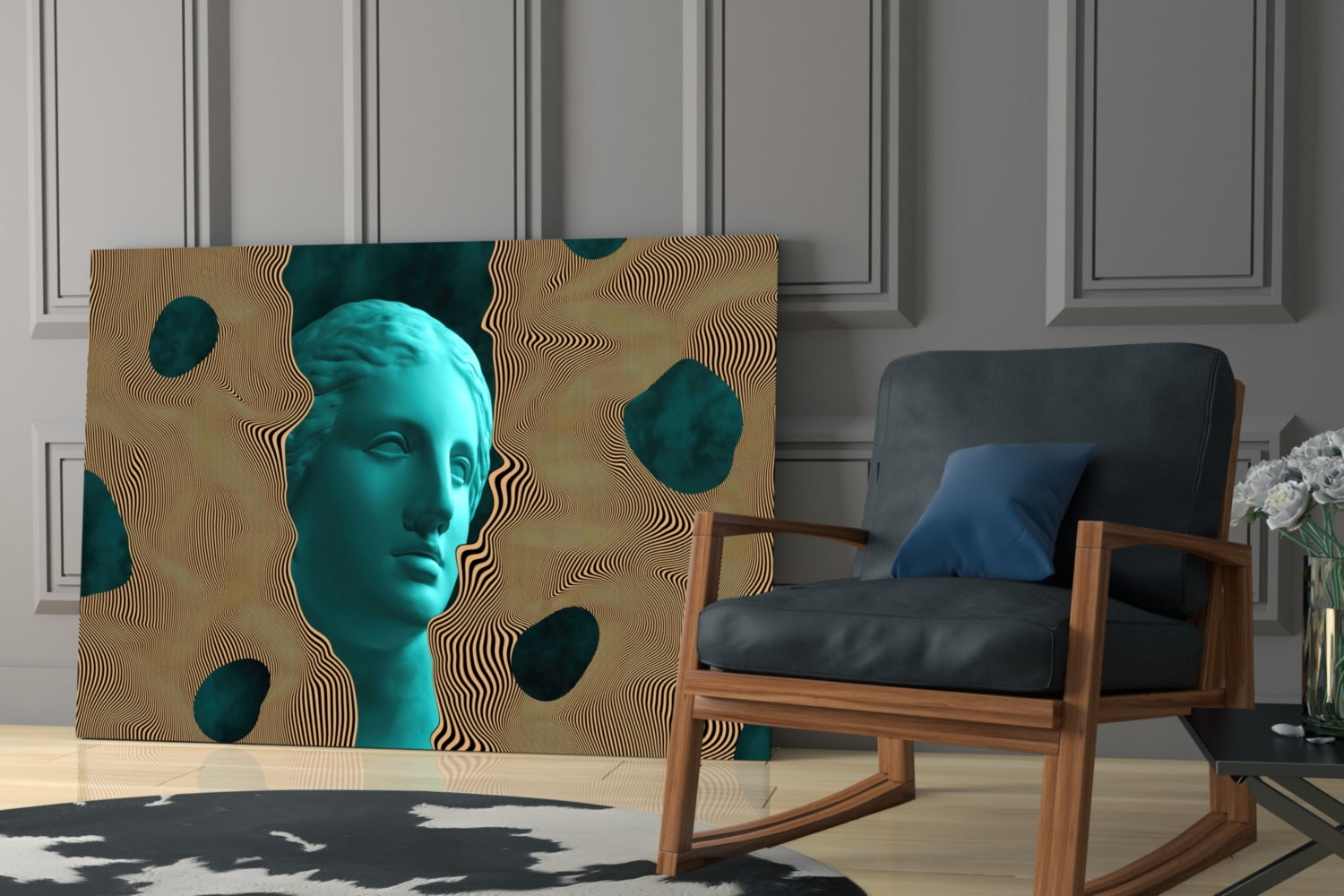 Teal Face Tan Waves Glass Wall Art