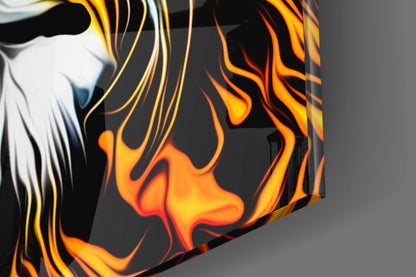 Blazing Fire Lion Portrait Glass Wall Art