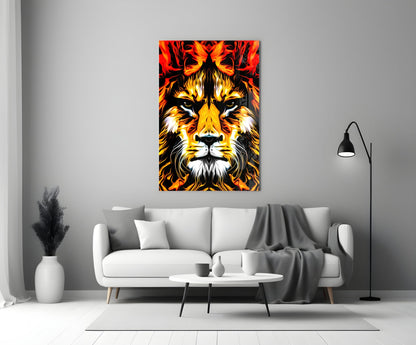Blazing Fire Lion Portrait Glass Wall Art