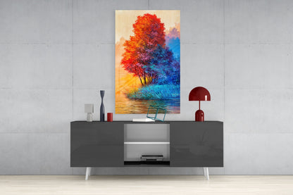 Red Blue Trees Riverside Glass Wall Art