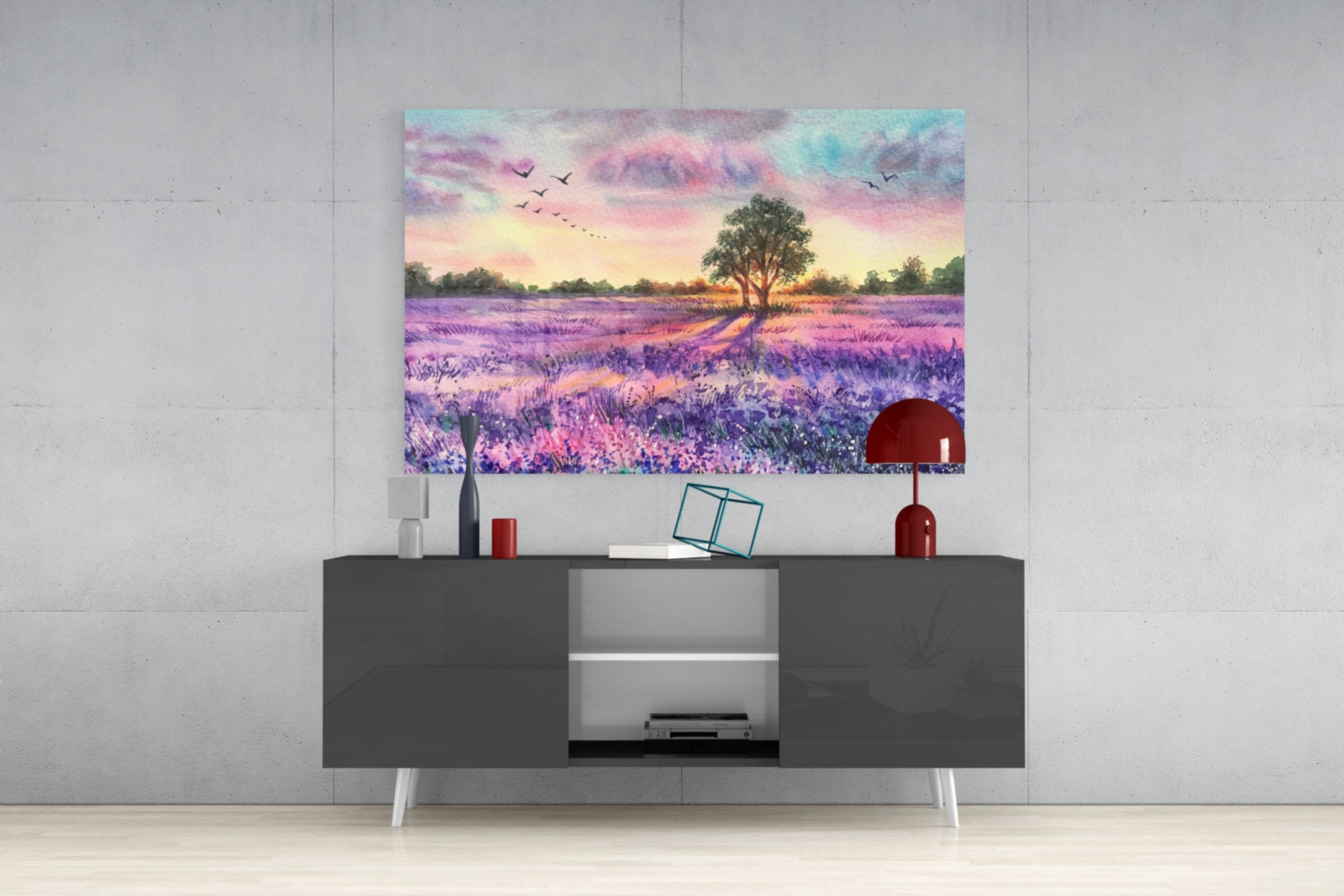 Lavender Field Lone Tree Sunset Glass Wall Art