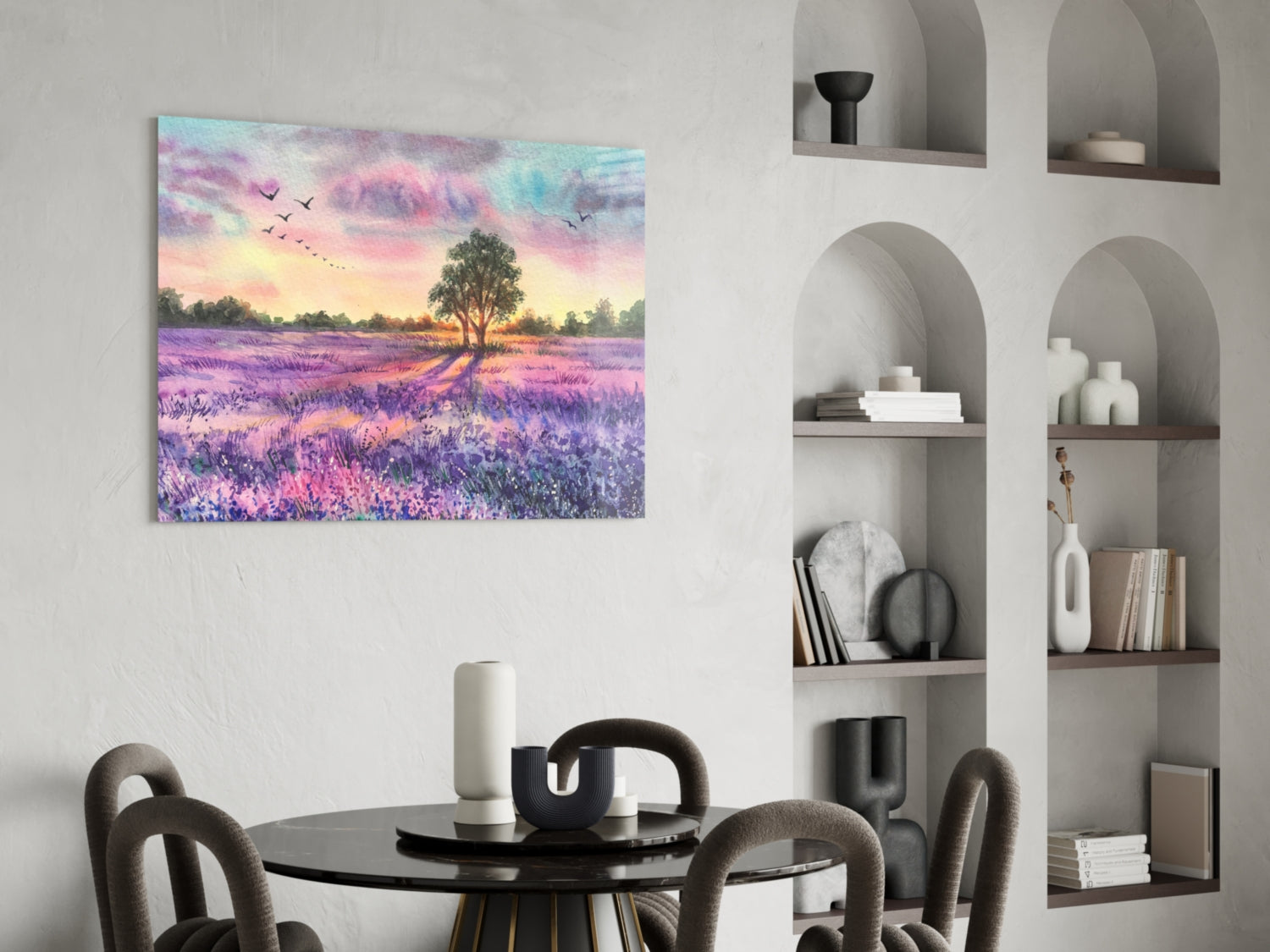 Lavender Field Lone Tree Sunset Glass Wall Art