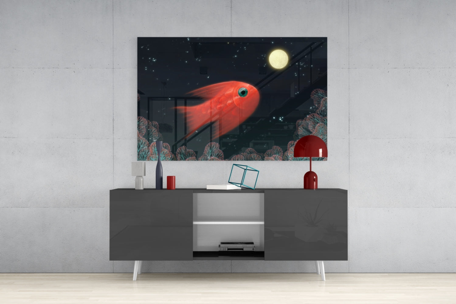 Red Fish Under Moonlit Coral Reef Glass Wall Art