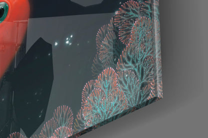 Red Fish Under Moonlit Coral Reef Glass Wall Art