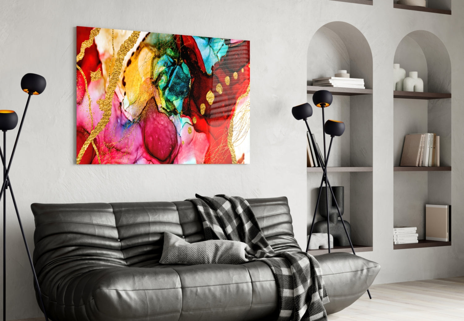 Gold Vein Crimson Ink Glass Wall Art