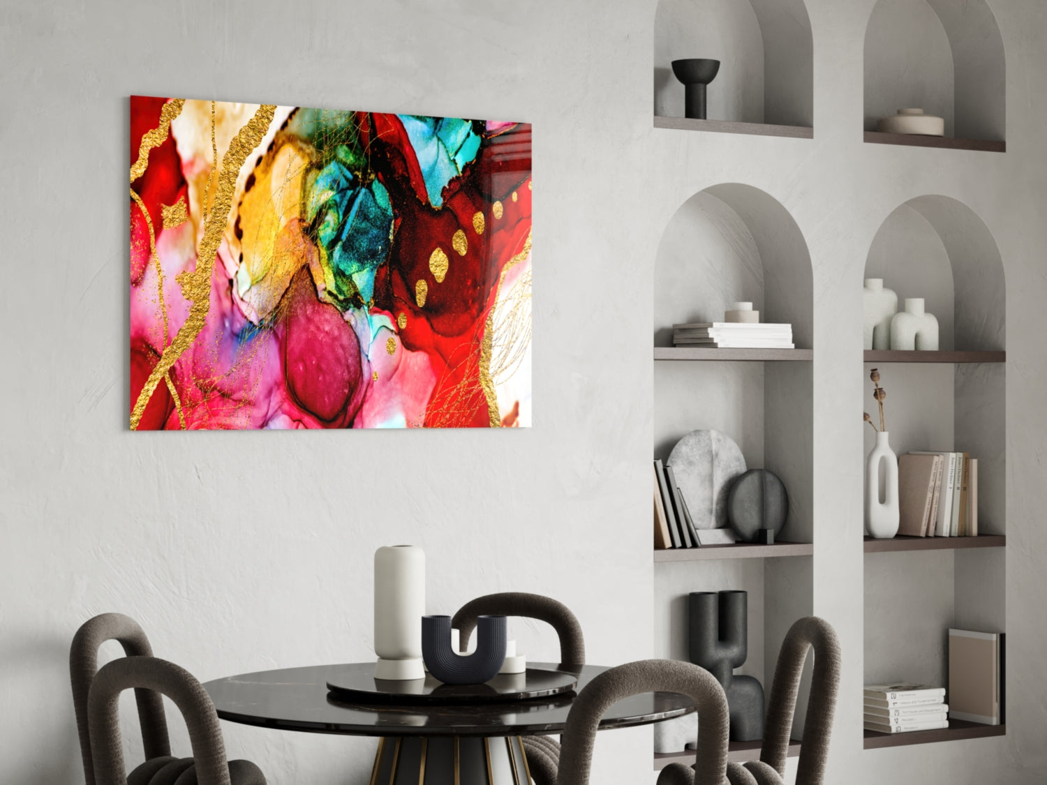 Gold Vein Crimson Ink Glass Wall Art