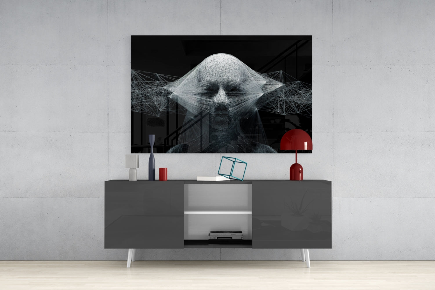 White Wireframe Face On Black Glass Wall Art
