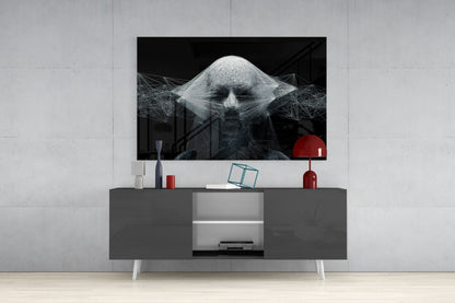 White Wireframe Face On Black Glass Wall Art