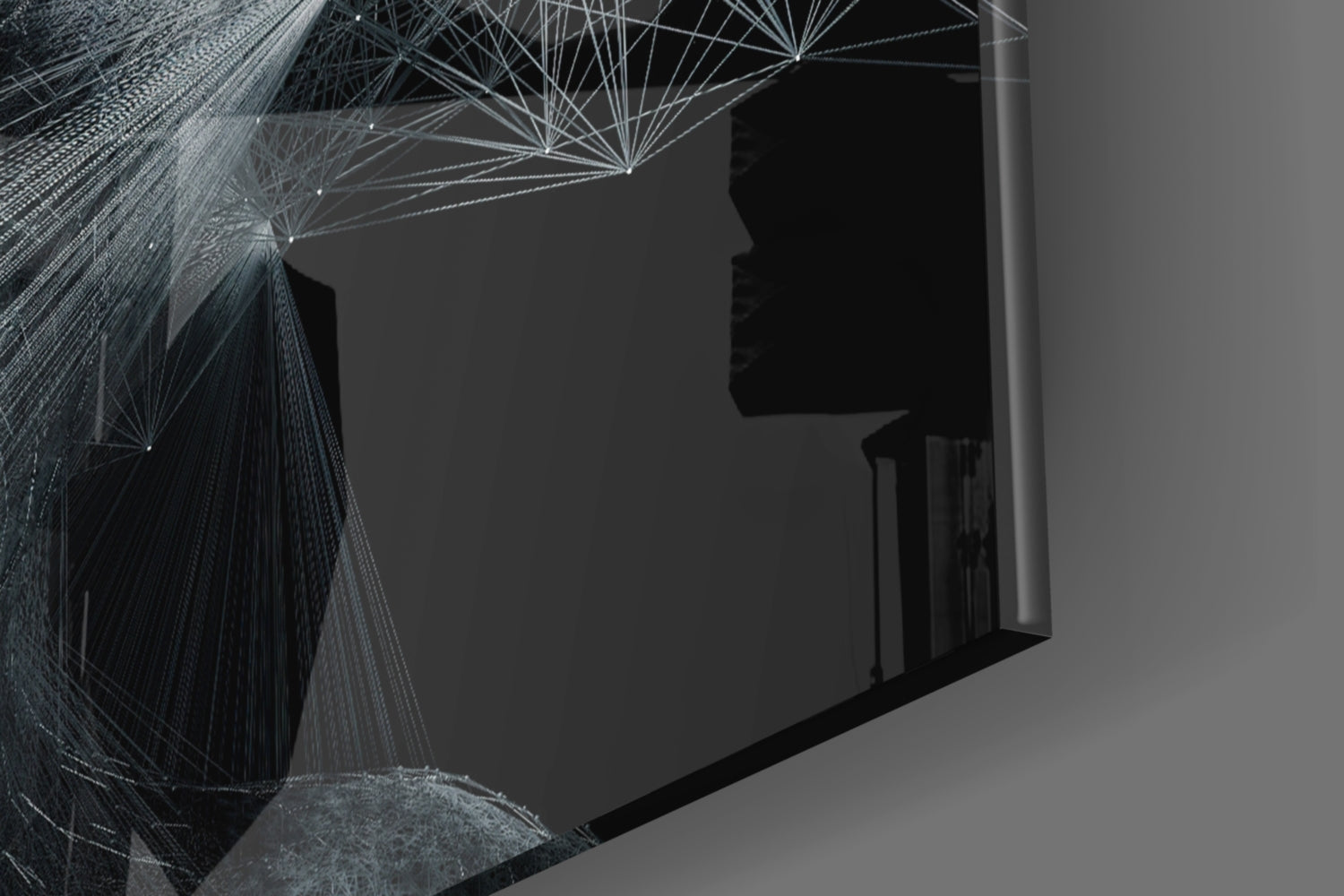 White Wireframe Face On Black Glass Wall Art