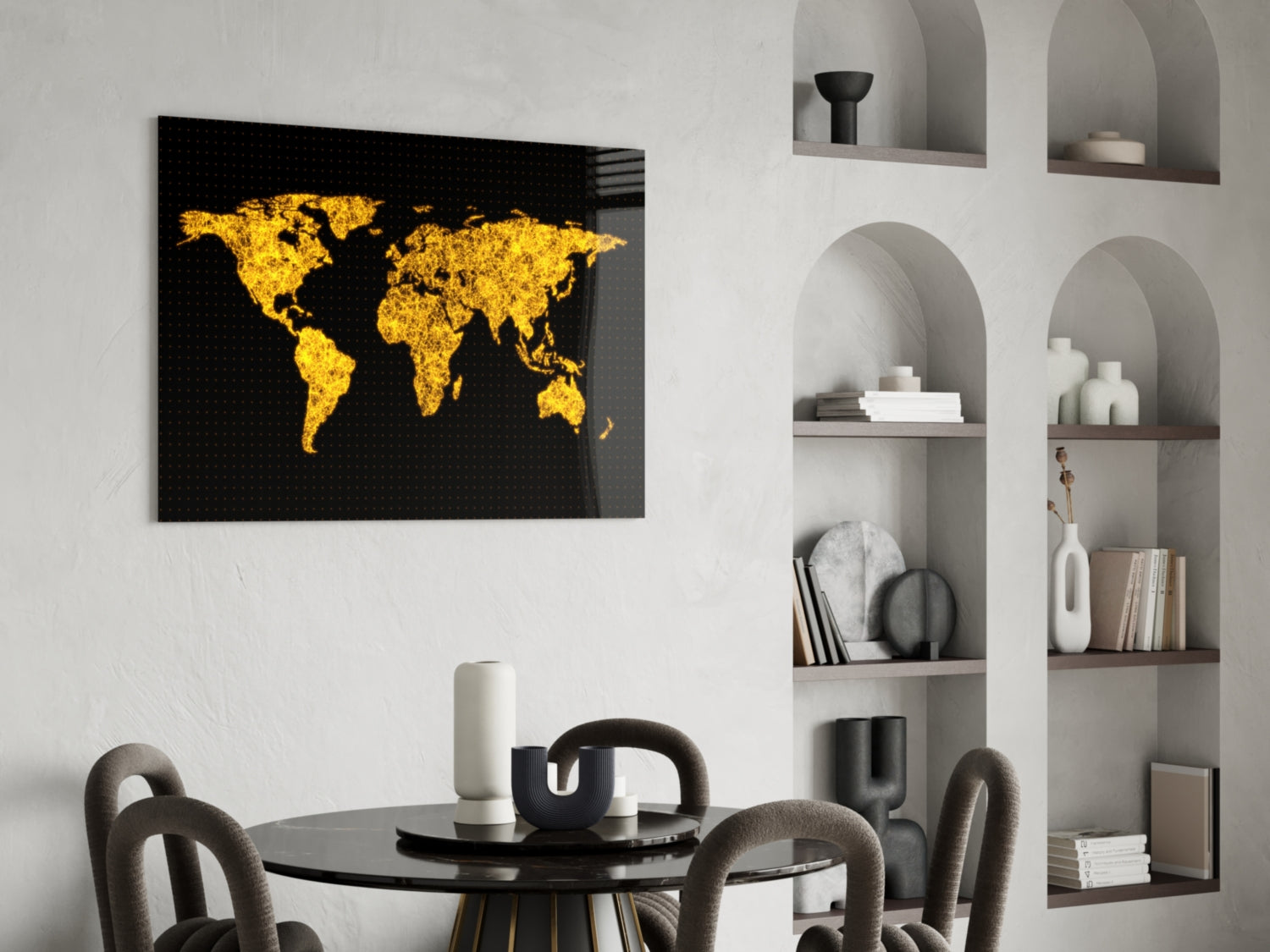 Glowing Golden World Map Glass Wall Art