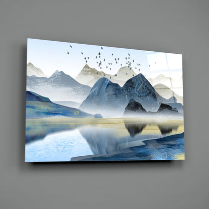 Blue Misty Peaks With Birds Over Lake Glass Wall Art