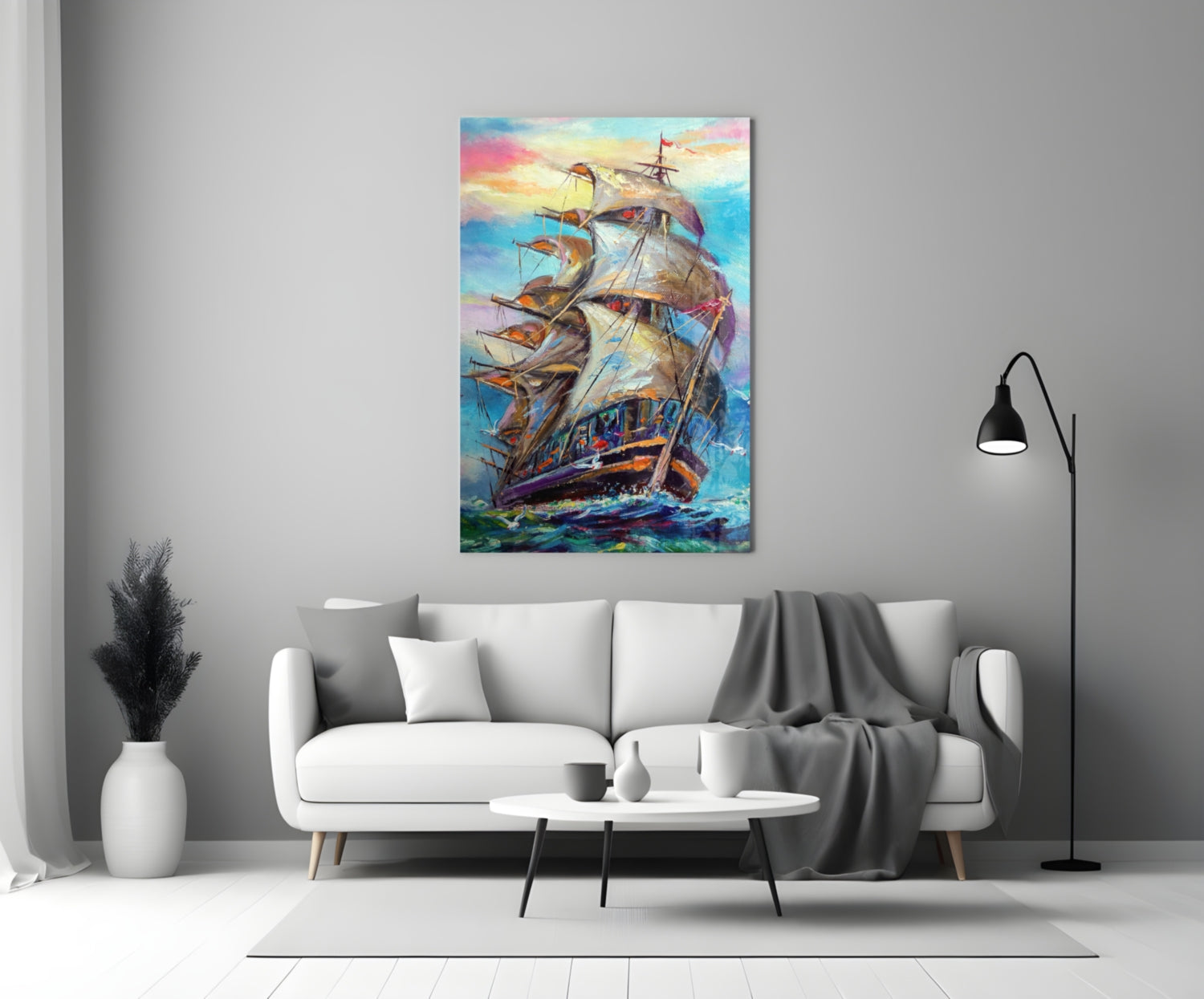 Tall Ship Under Pastel Sky Painting Glass Wall Art