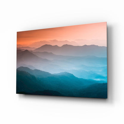 Orange Blue Misty Mountain Layers Glass Wall Art