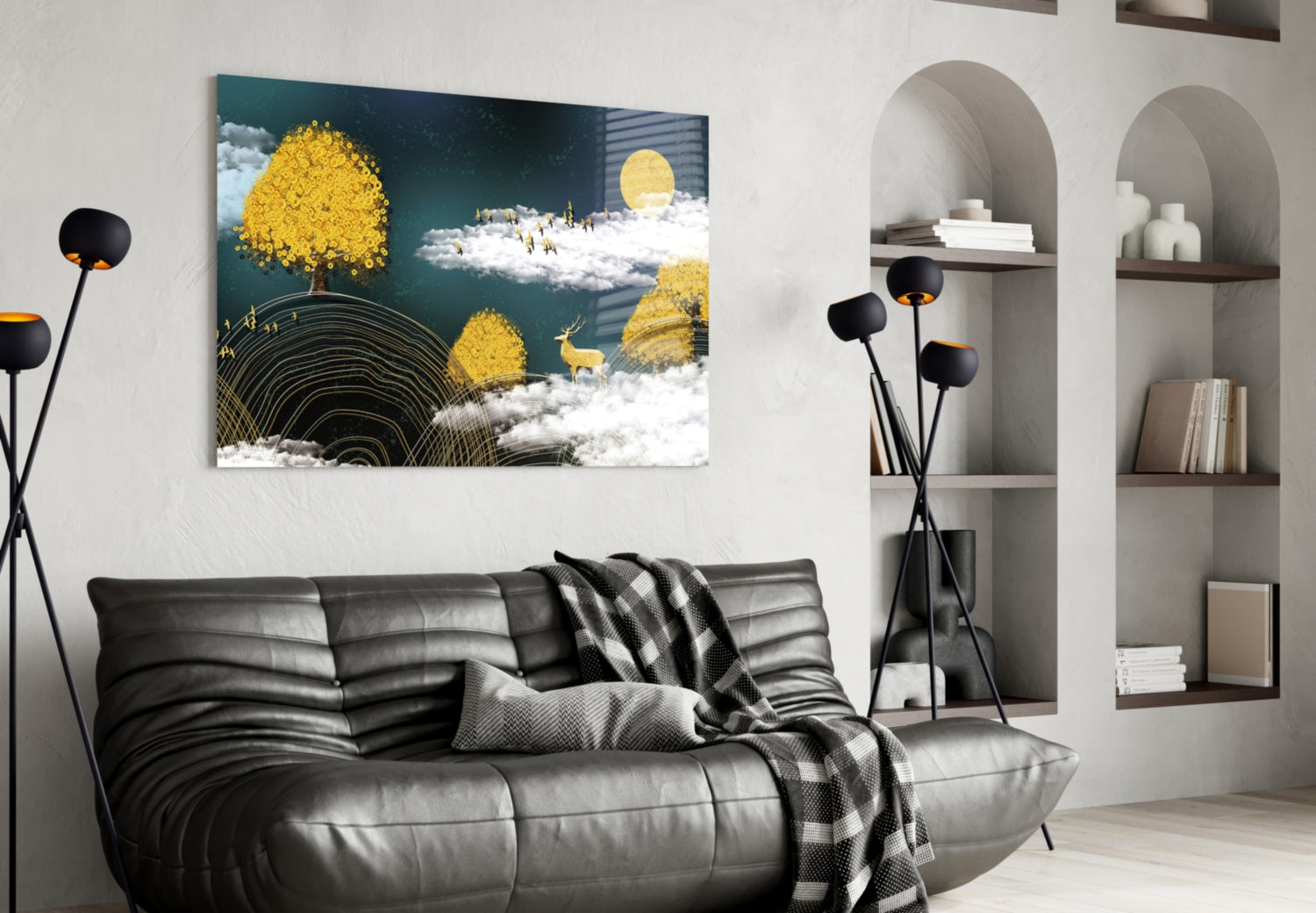 Golden Trees Deer And Clouds Glass Wall Art