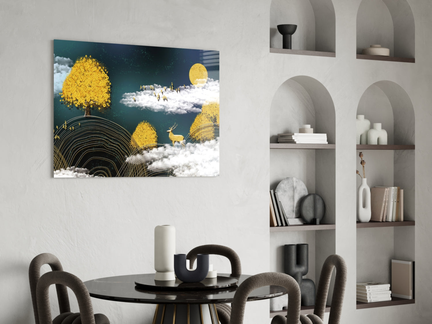 Golden Trees Deer And Clouds Glass Wall Art