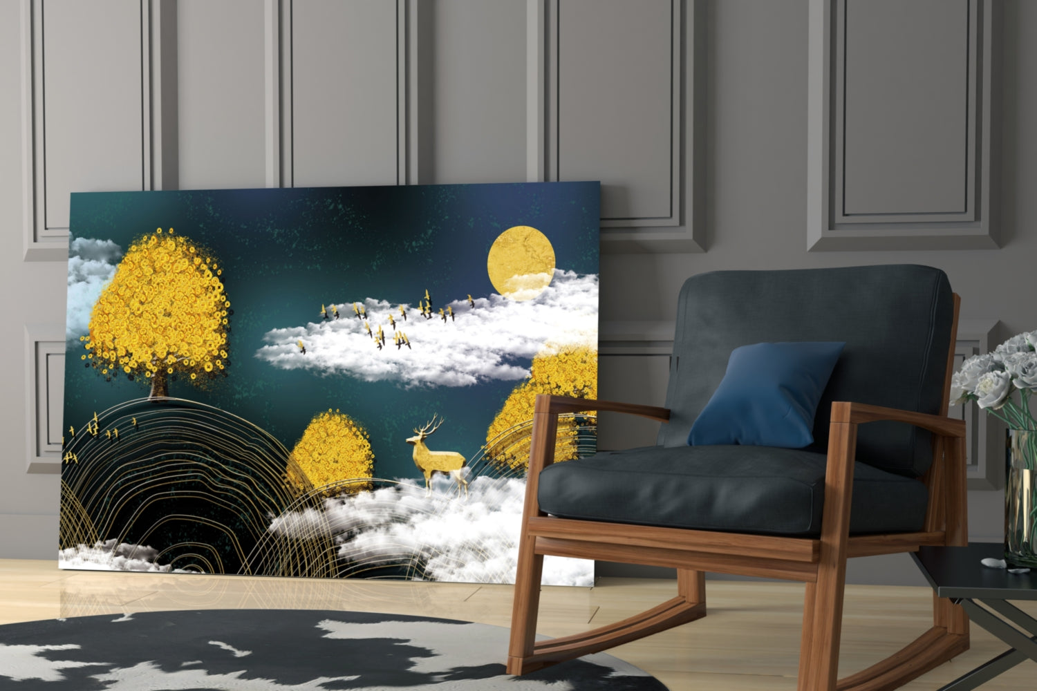 Golden Trees Deer And Clouds Glass Wall Art
