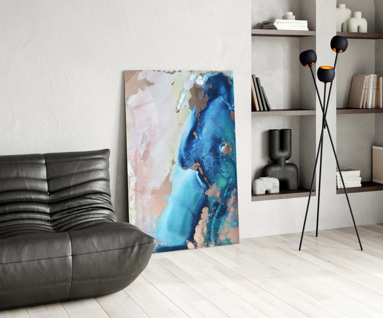 Blue Copper Ink Marble Flow Glass Wall Art