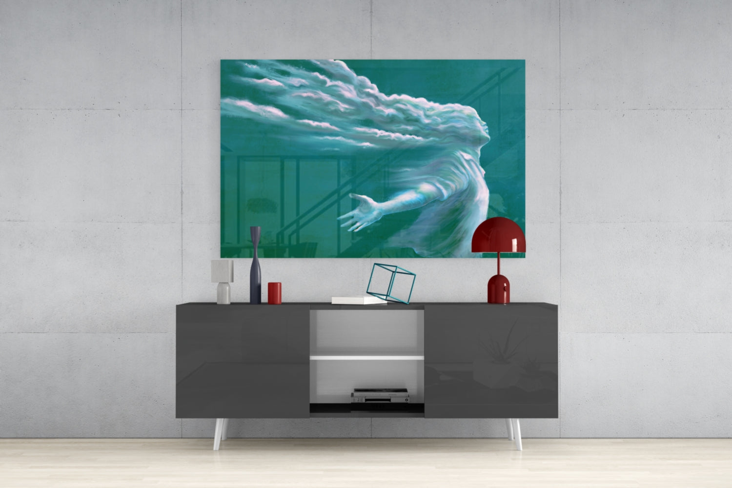 Cloud Head Figure Reaching Hand Teal Glass Wall Art