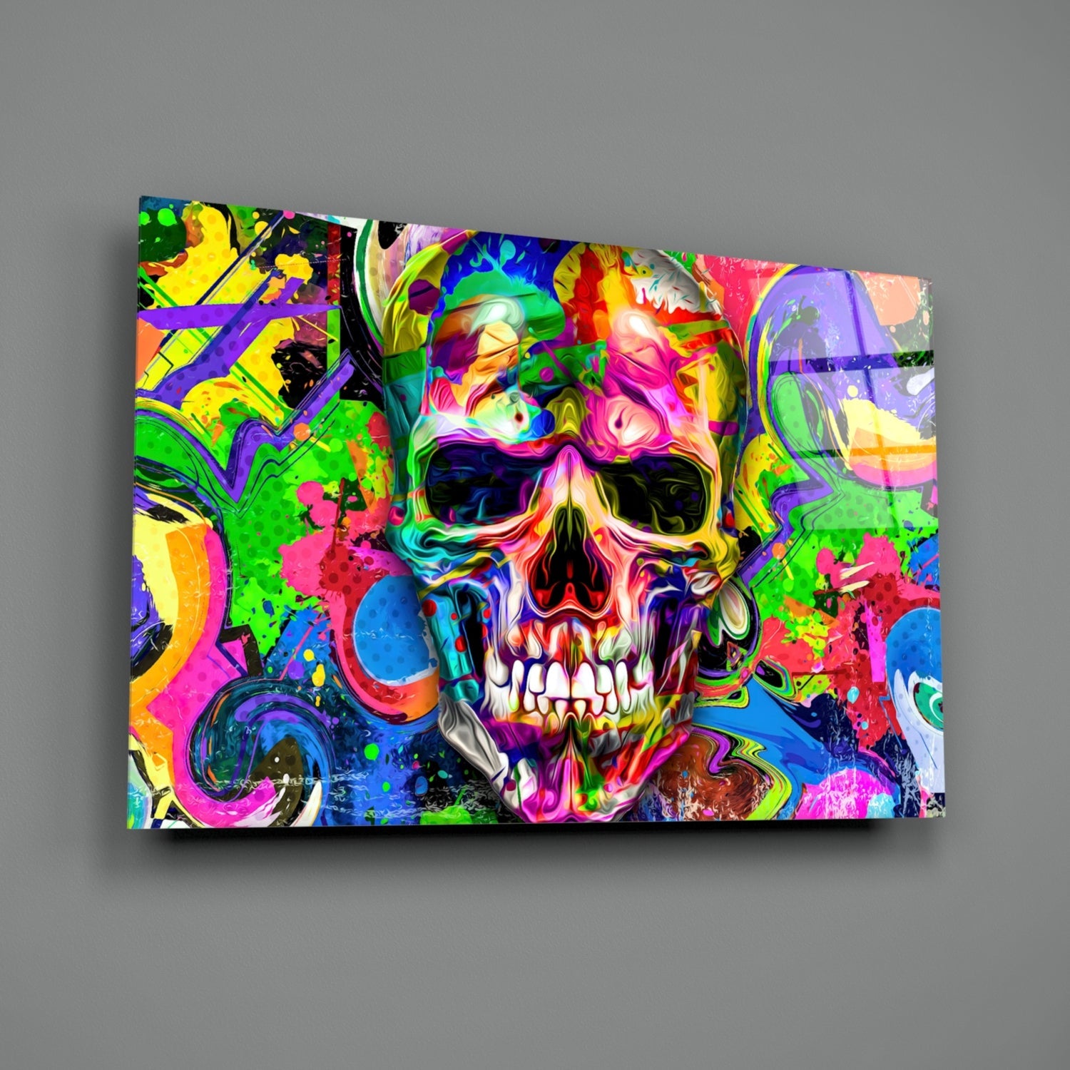 Neon Graffiti Pop Art Skull Glass Wall Art