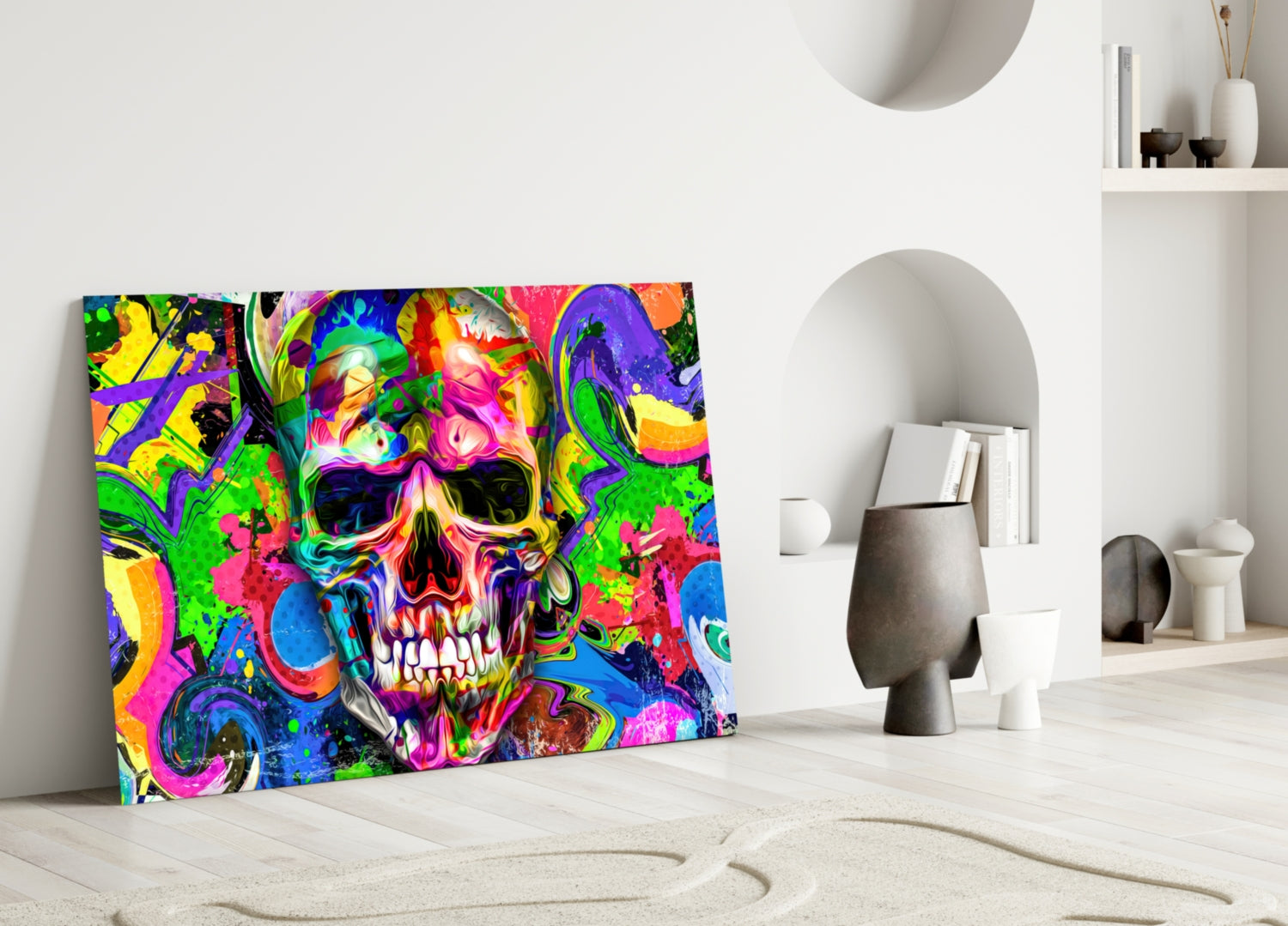 Neon Graffiti Pop Art Skull Glass Wall Art