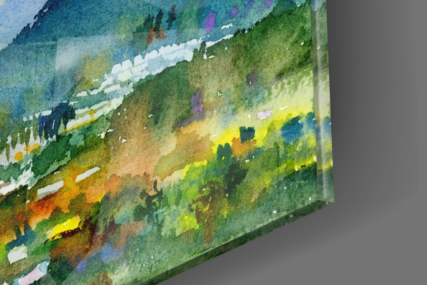 Watercolor Balloons Over Green Valley Glass Wall Art
