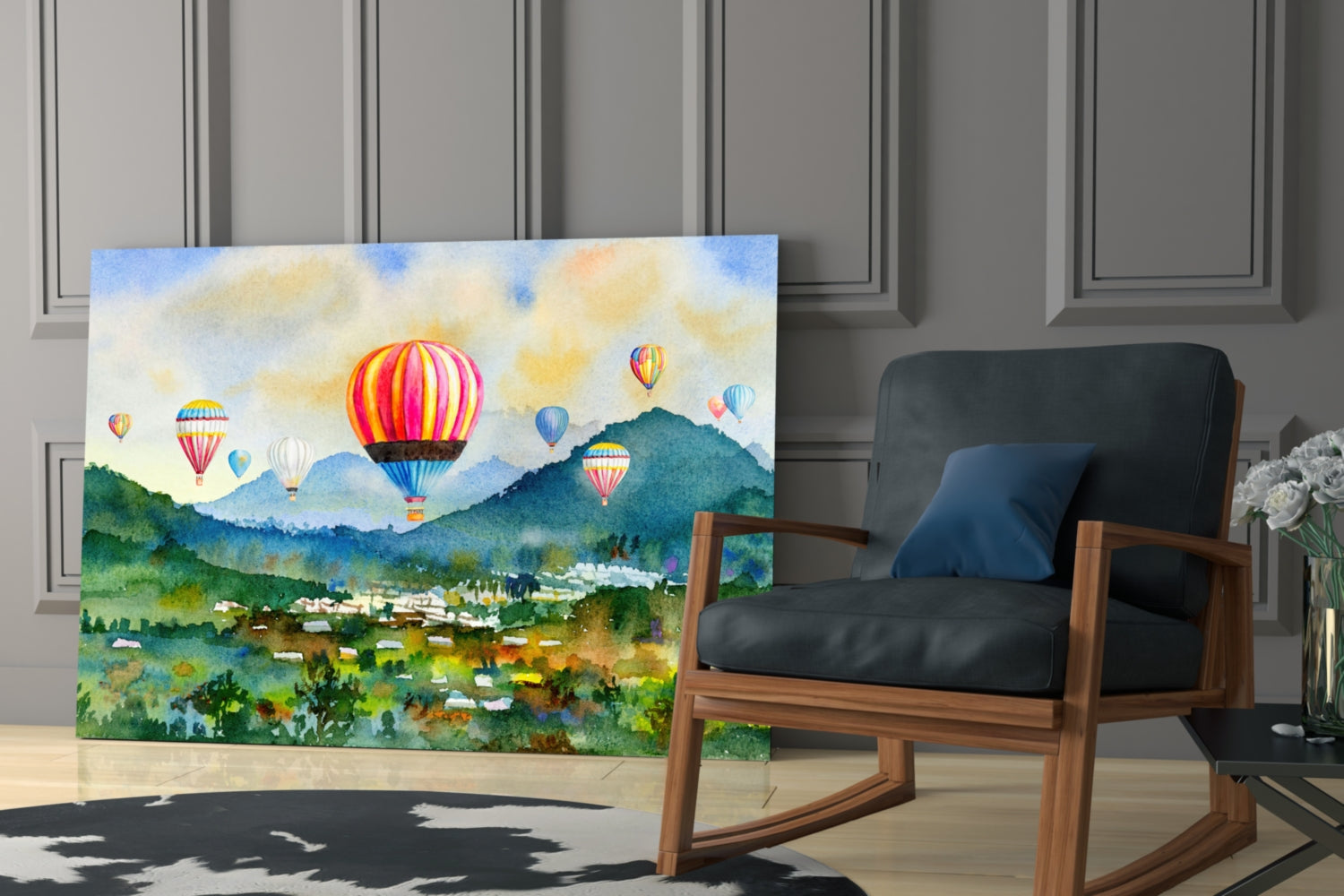 Watercolor Balloons Over Green Valley Glass Wall Art