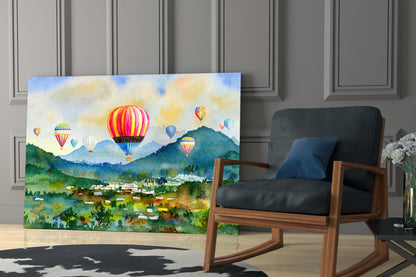 Watercolor Balloons Over Green Valley Glass Wall Art