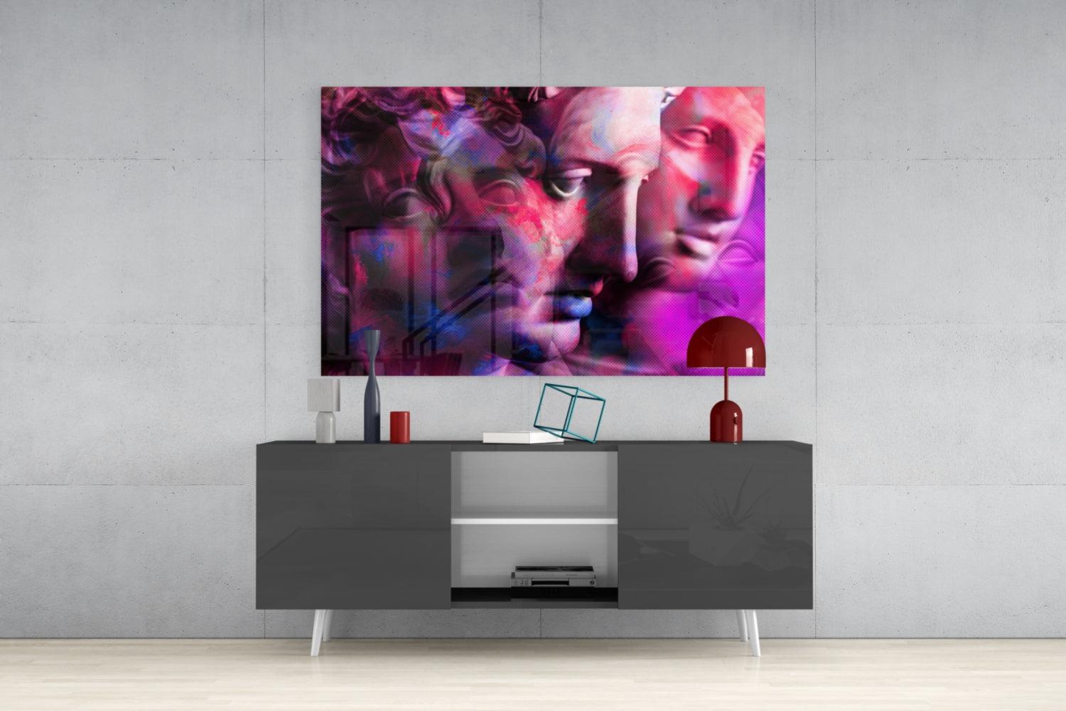 Magenta Grid Classical Bust Collage Glass Wall Art