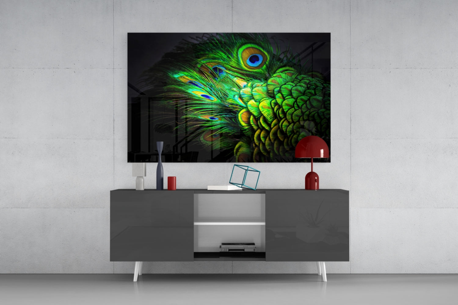 Emerald Peacock Plumage Closeup Glass Wall Art