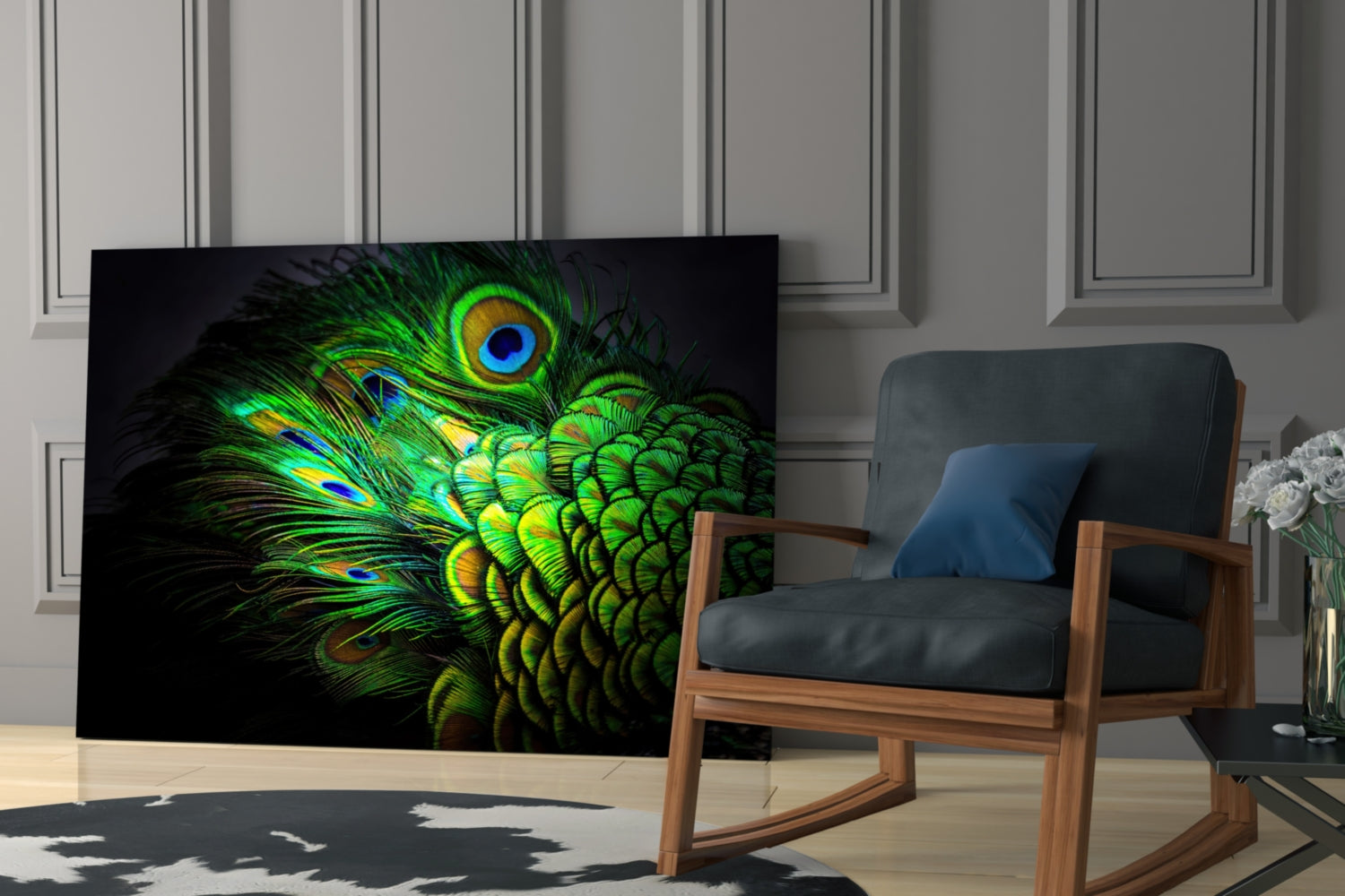 Emerald Peacock Plumage Closeup Glass Wall Art