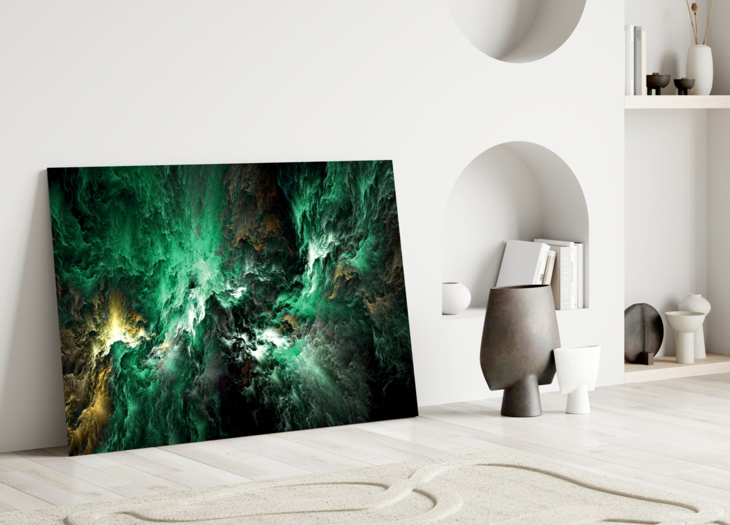 Green Gold Ink Cloud Abstract Glass Wall Art
