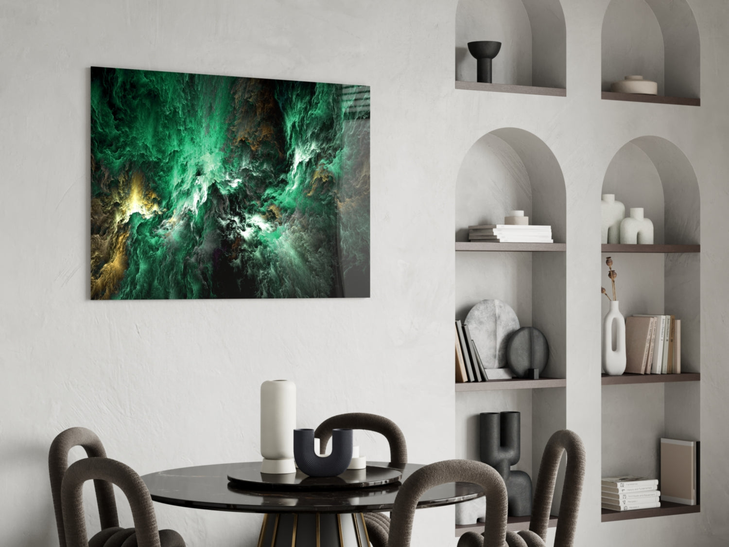 Green Gold Ink Cloud Abstract Glass Wall Art