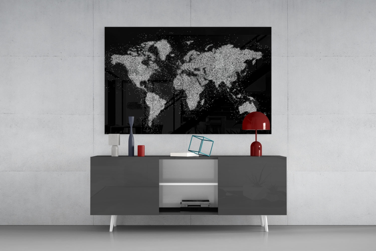 Silver Dotted Continents World Map Glass Wall Art