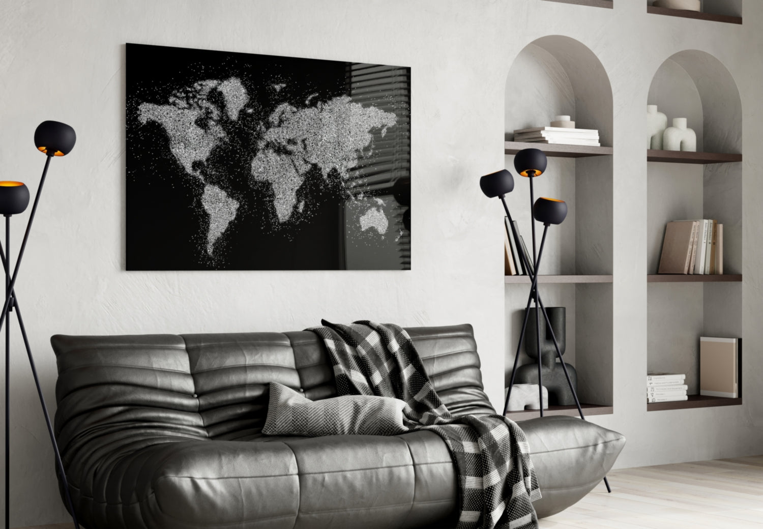 Silver Dotted Continents World Map Glass Wall Art