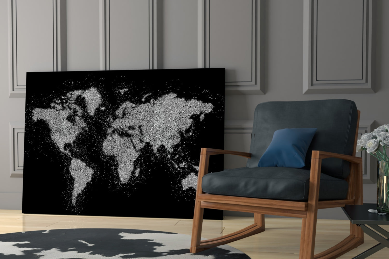 Silver Dotted Continents World Map Glass Wall Art