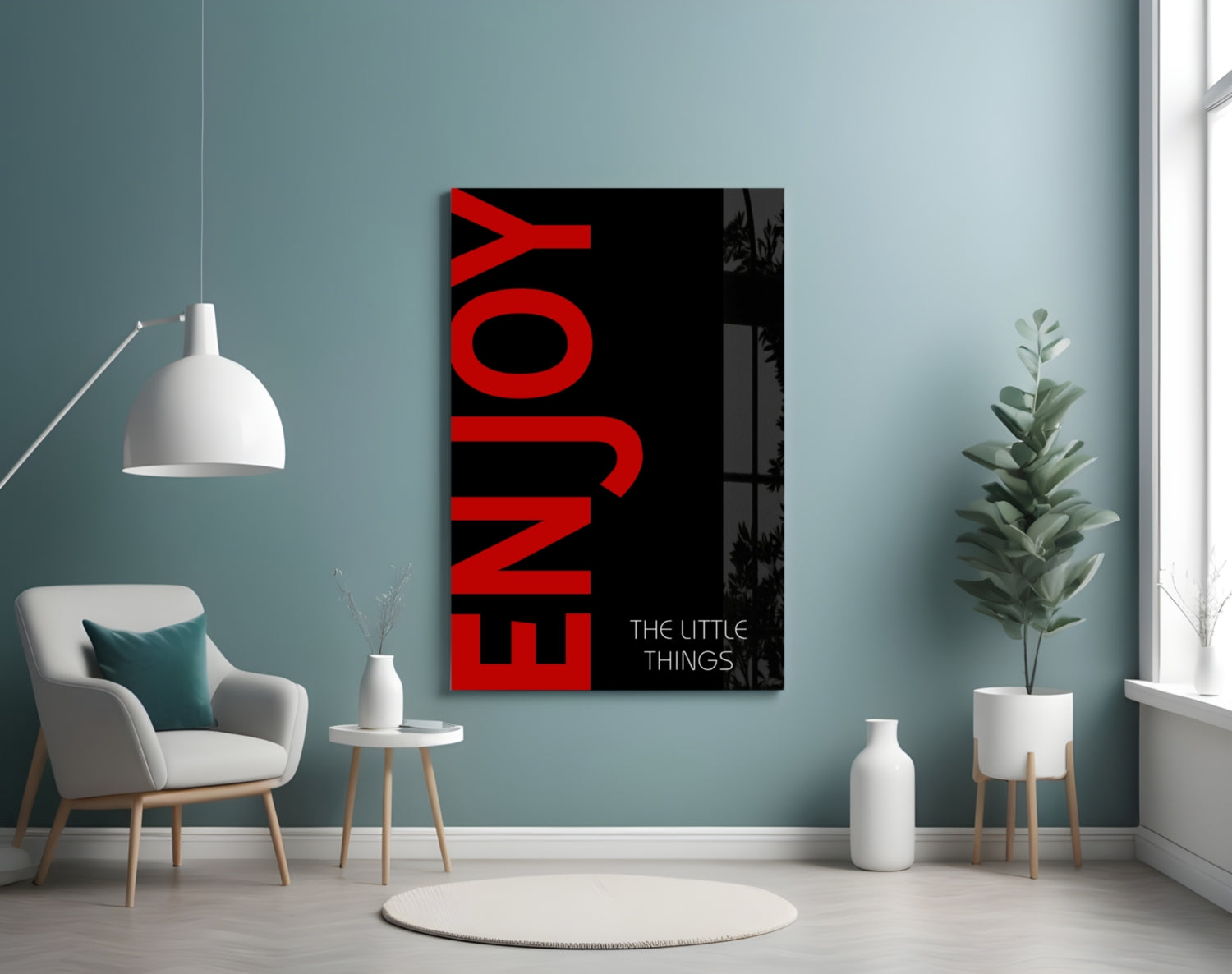 Red Enjoy Typography On Black Glass Wall Art