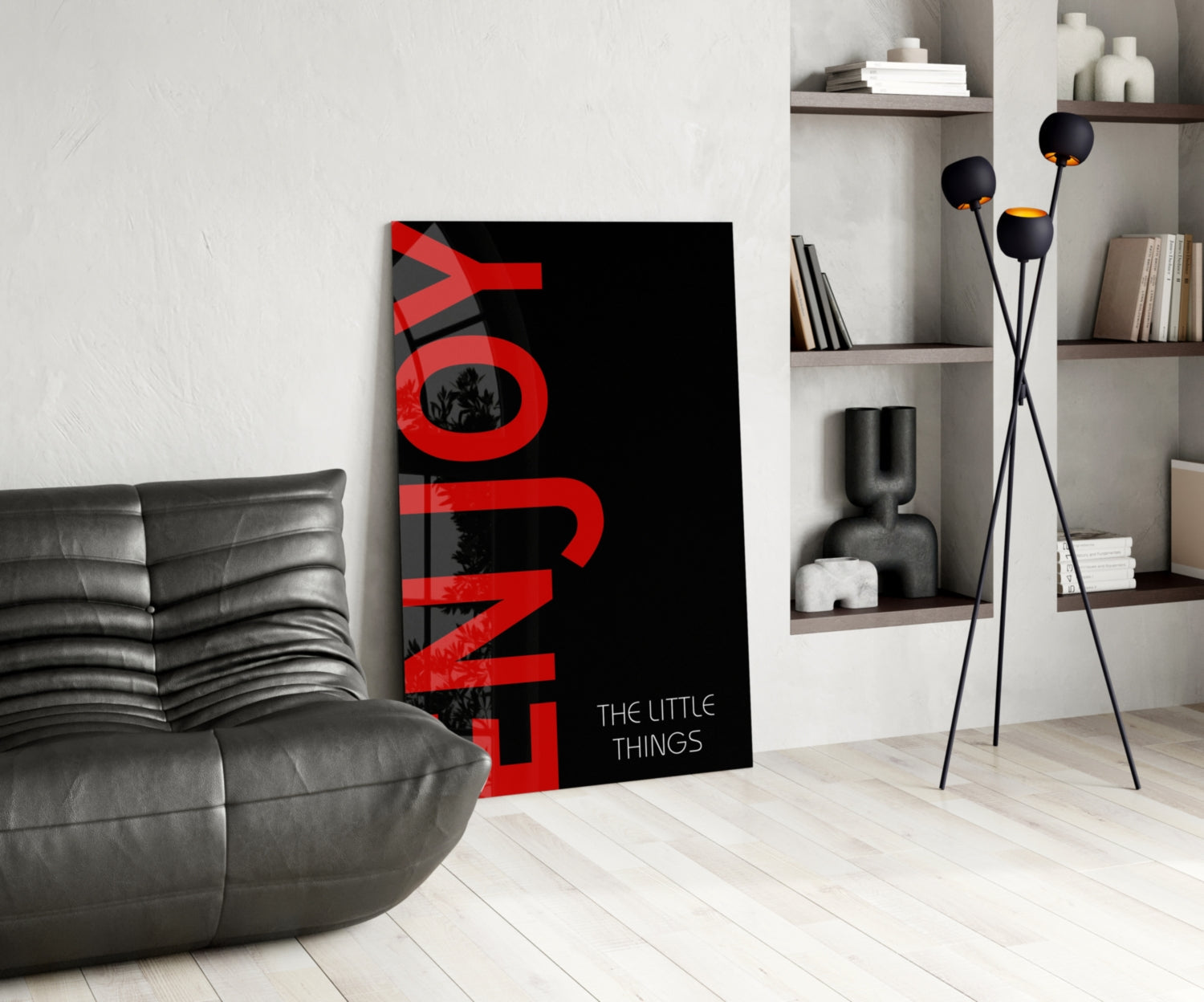 Red Enjoy Typography On Black Glass Wall Art