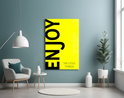 Bold Enjoy Typography On Yellow Glass Wall Art