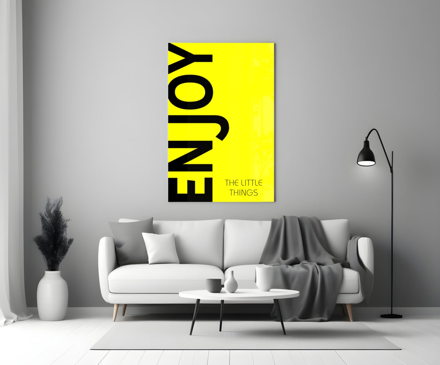 Bold Enjoy Typography On Yellow Glass Wall Art