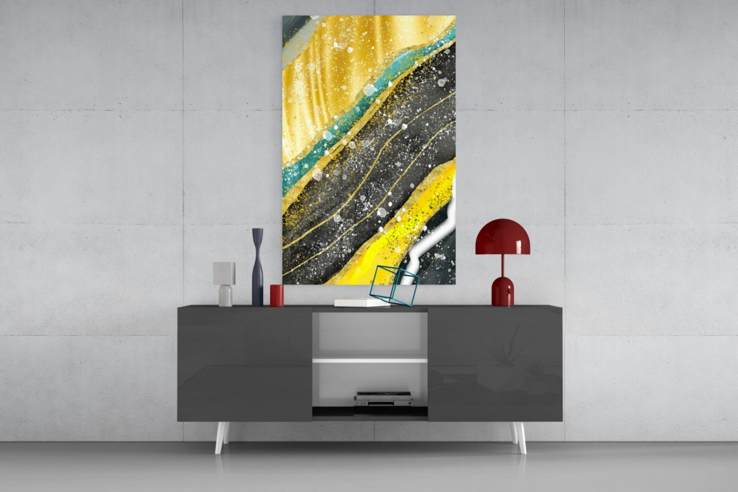 Yellow Black Diagonal Splatter Marble Glass Wall Art