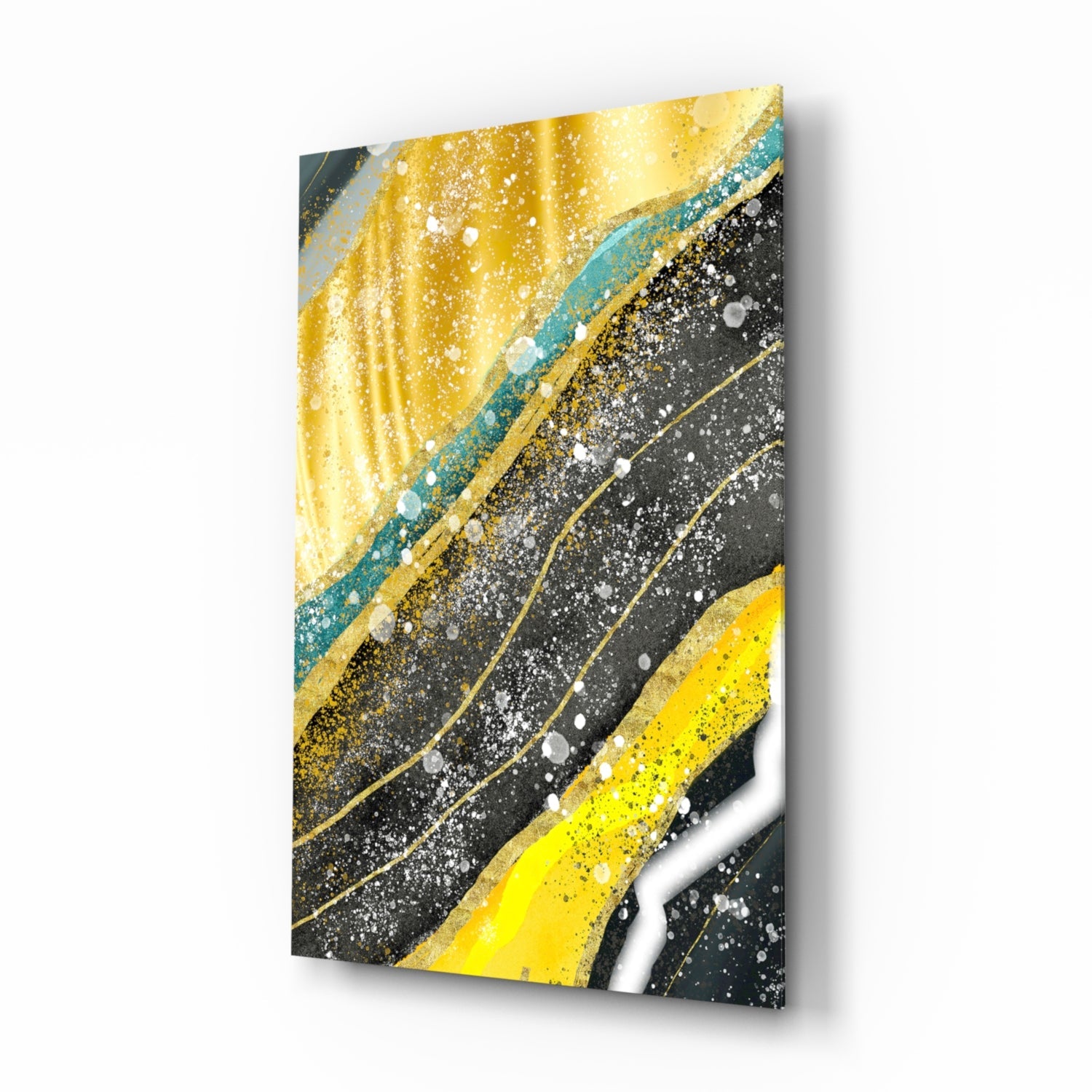 Yellow Black Diagonal Splatter Marble Glass Wall Art