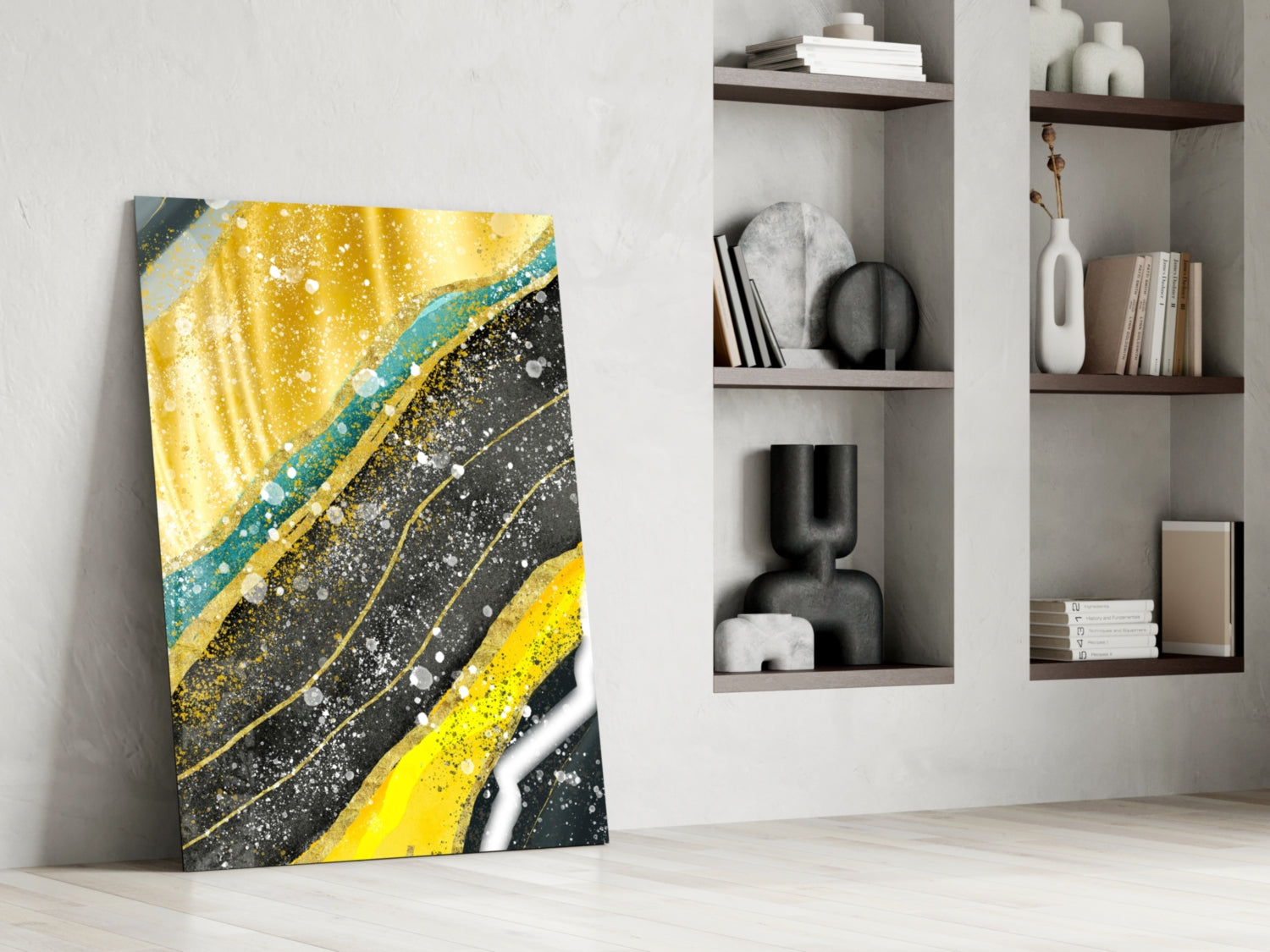 Yellow Black Diagonal Splatter Marble Glass Wall Art