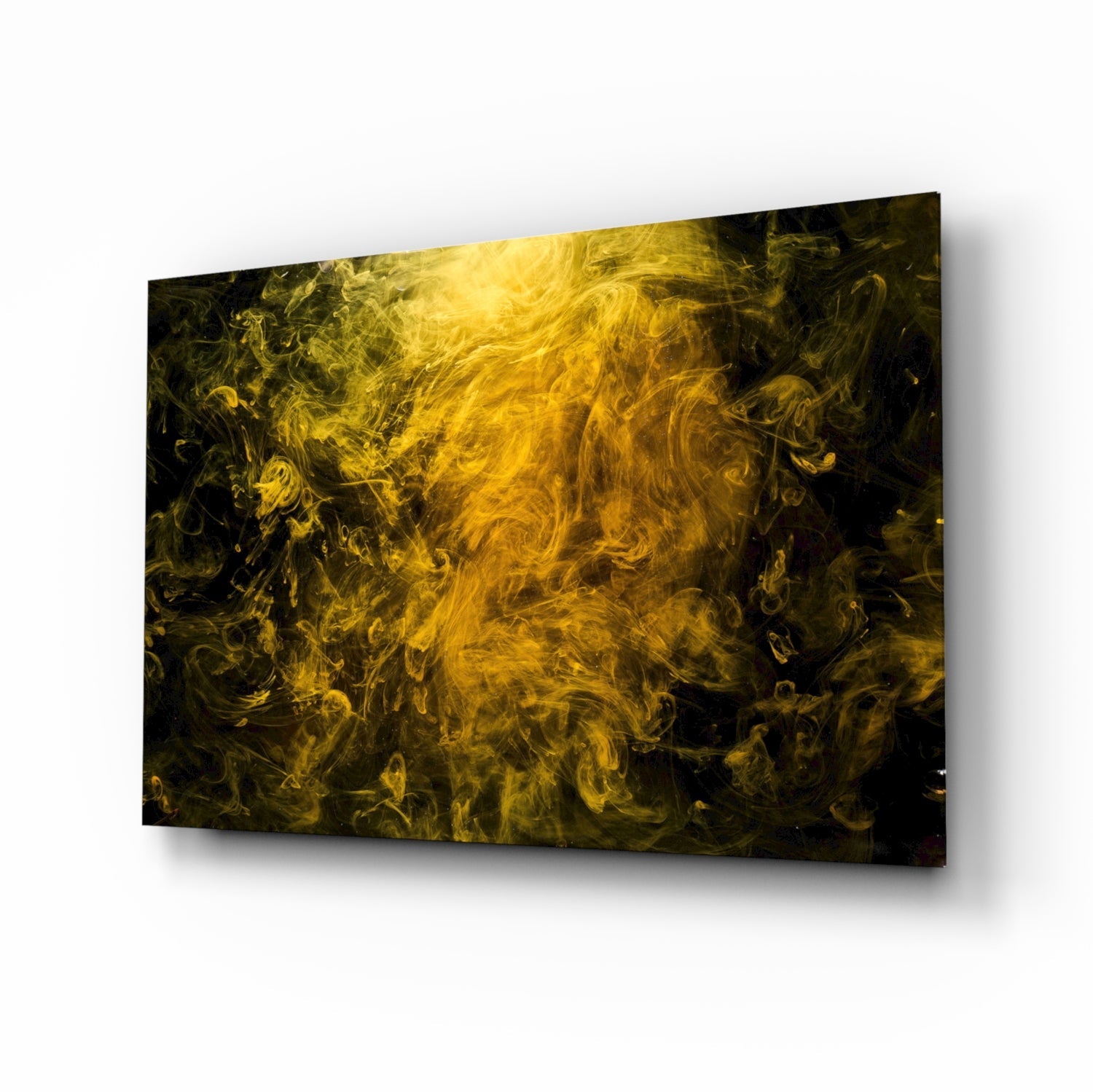 Golden Yellow Swirling Smoke Cloud Glass Wall Art