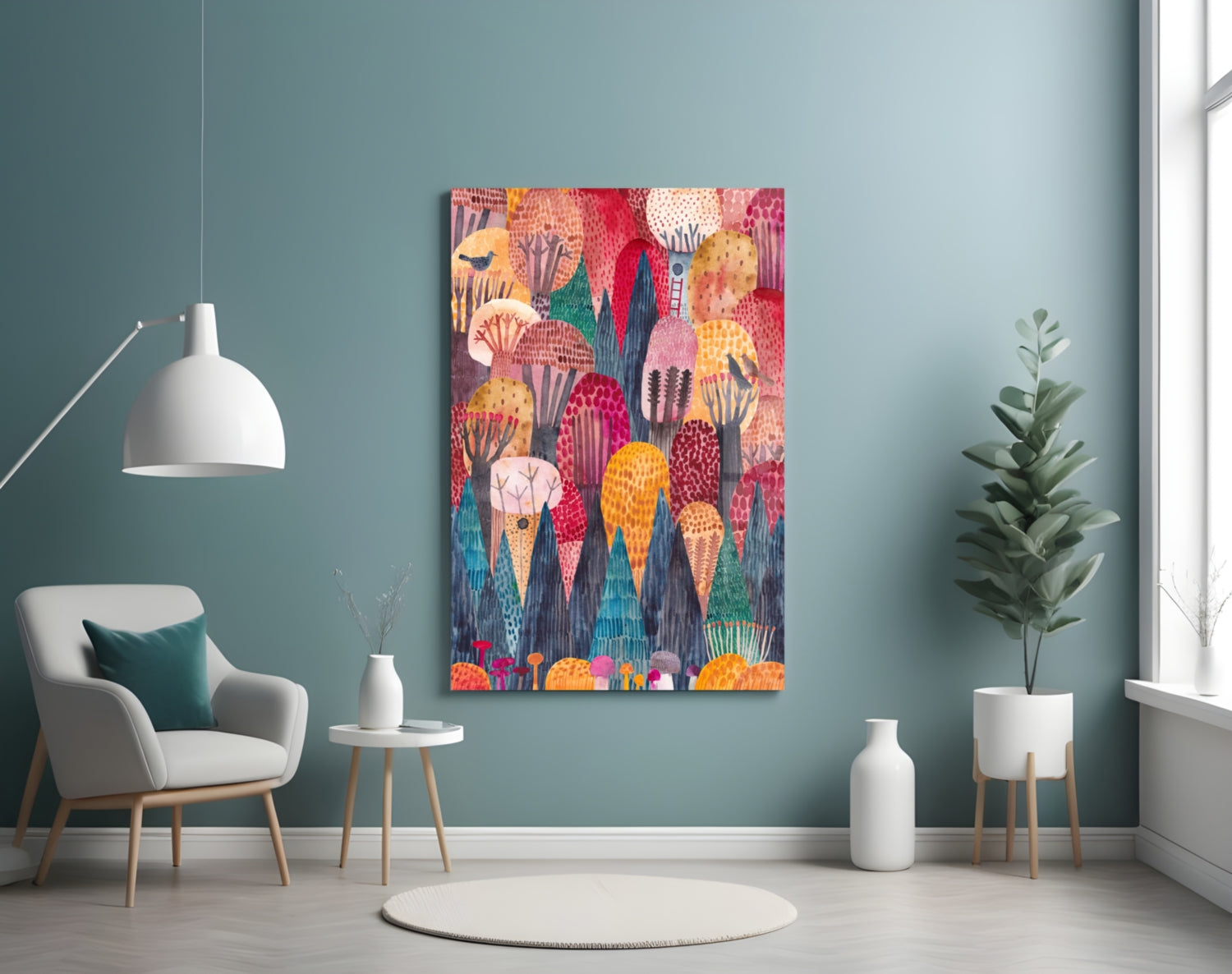 Whimsical Folk Art Pink Domed Trees Glass Wall Art
