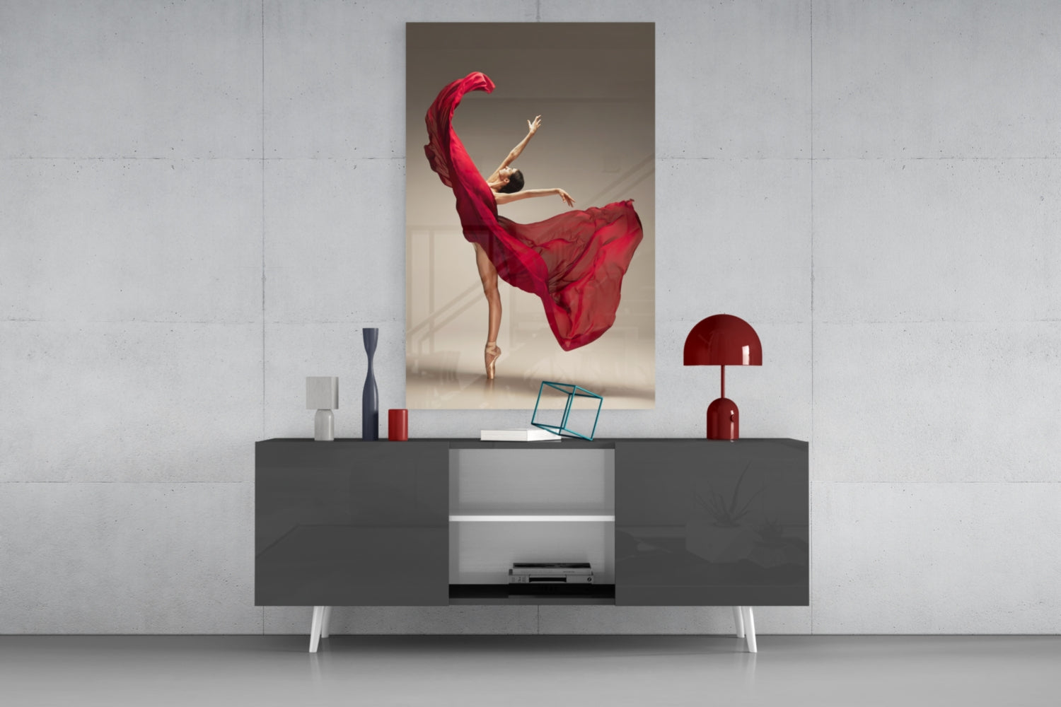 Red Gown Arabesque Ballerina Glass Wall Art