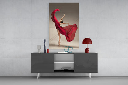 Red Gown Arabesque Ballerina Glass Wall Art