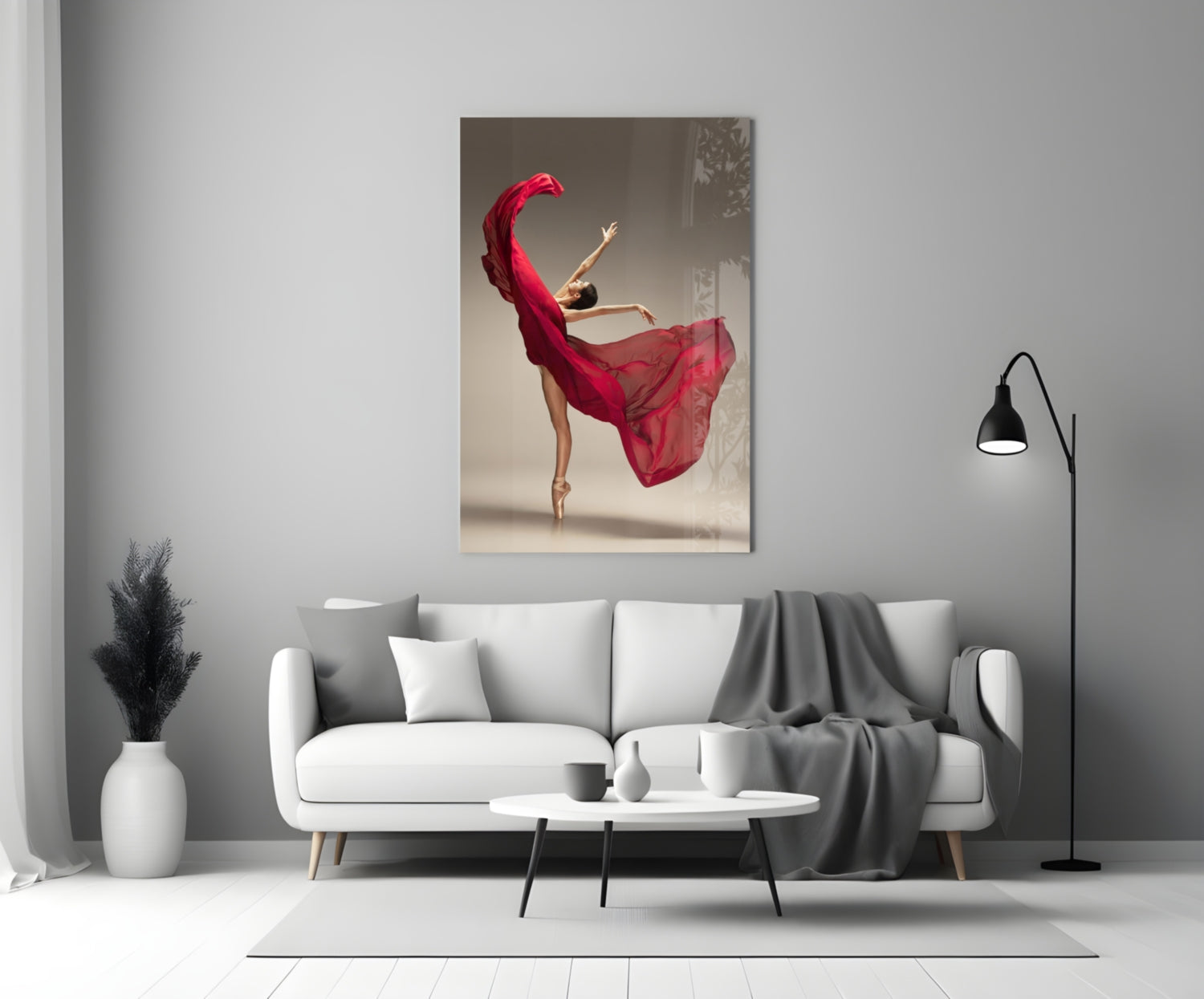 Red Gown Arabesque Ballerina Glass Wall Art