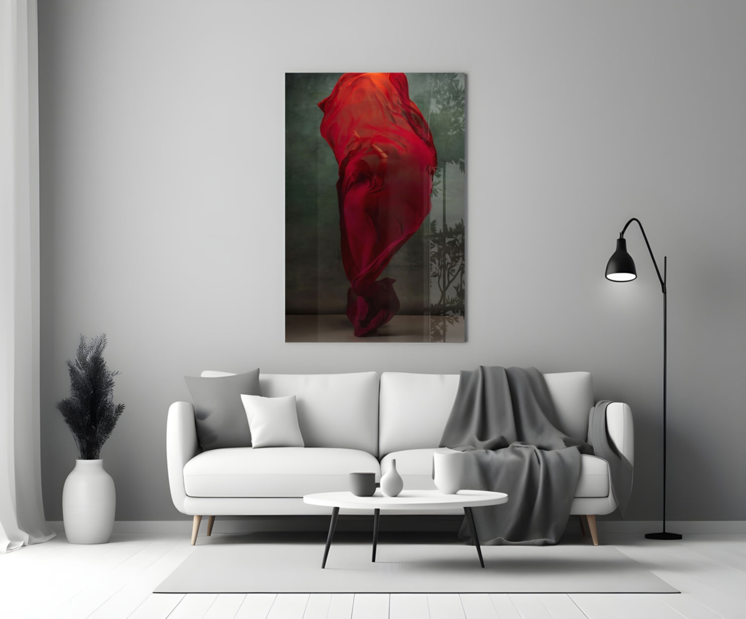 Crimson Silk Veil Dancer Glass Wall Art