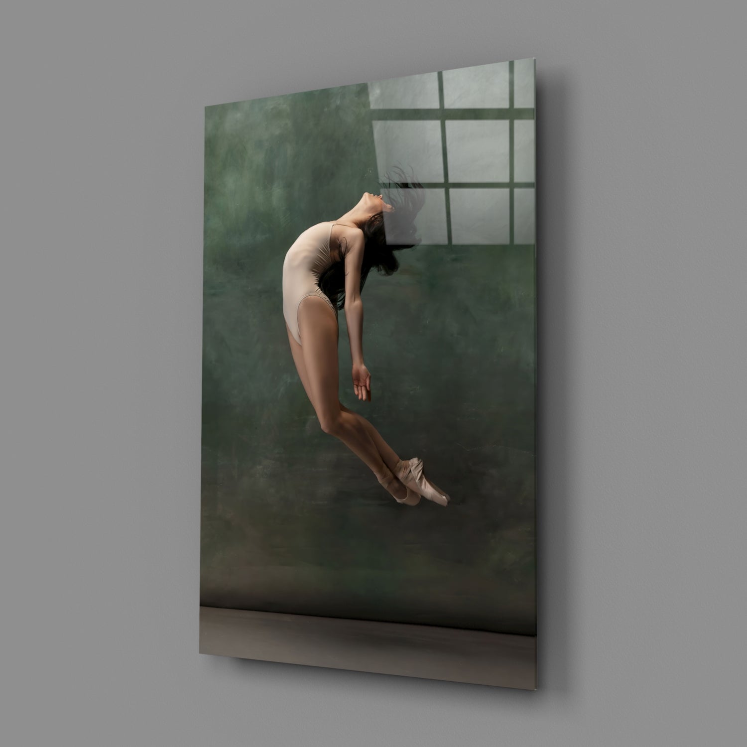 Curled Midair Leap Ballerina Glass Wall Art